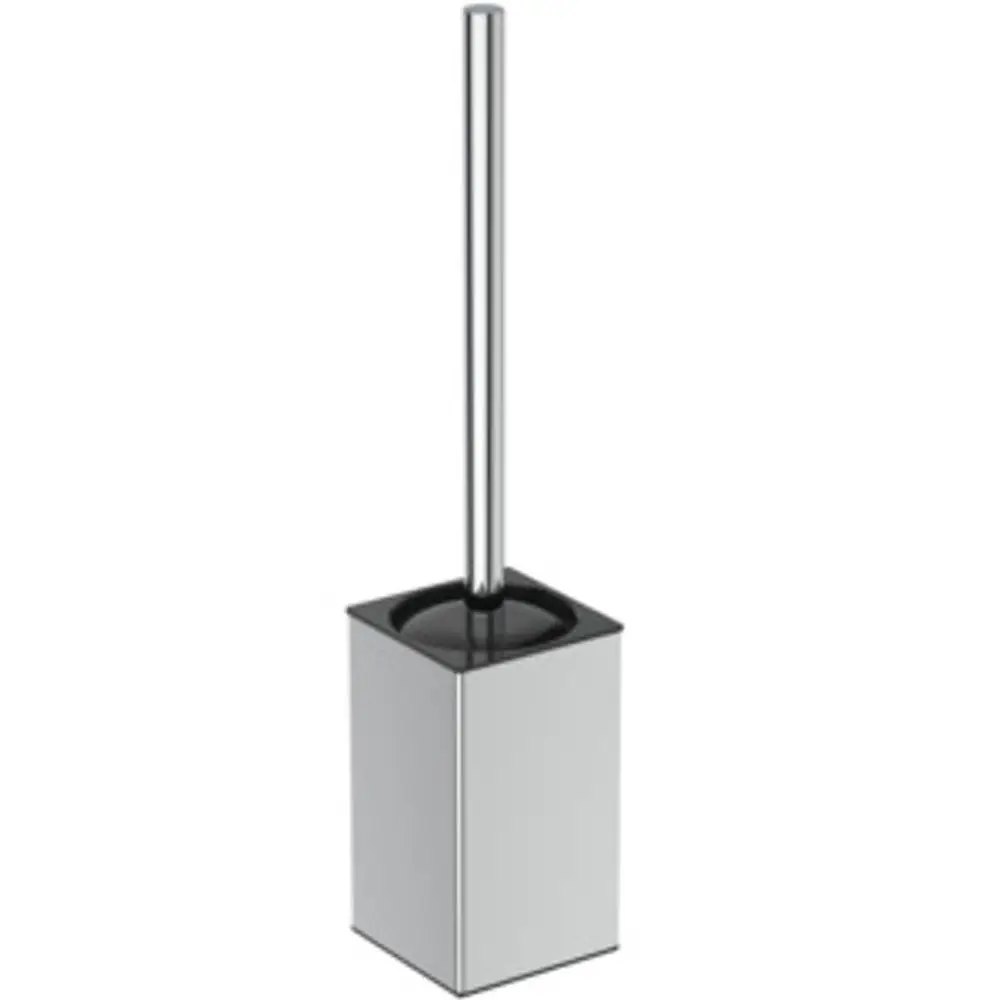 Bürstengarnitur in rechteckigem Metallbehälter mit Chromoberfläche, ausgestattet mit einer langen Bürste. Ideal Standard Produkt, in neutalem Design.